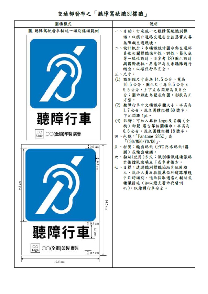 公告縮圖：轉知：交通部為提升聽障駕駛人行車安全，落實友善無障礙交通環境，已於115年7月27日發布「聽障駕駛識別標識」